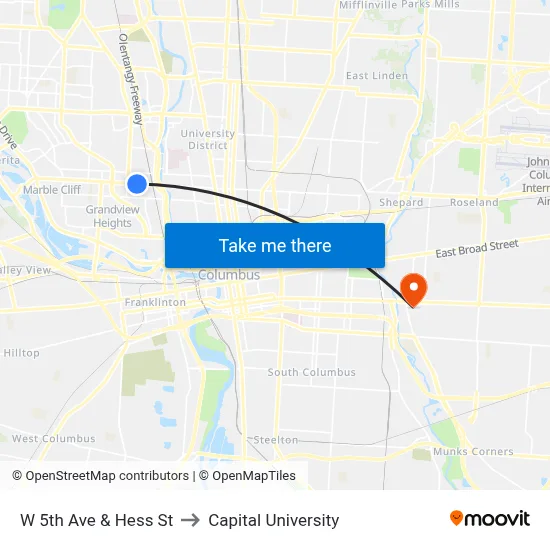 W 5th Ave & Hess St to Capital University map