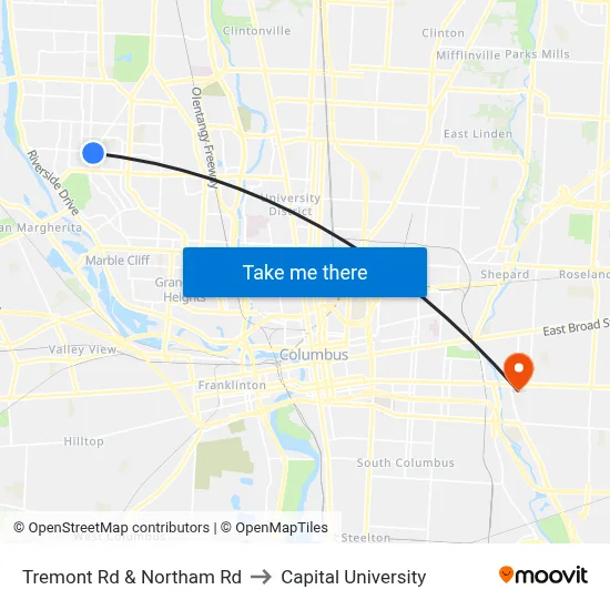 Tremont Rd & Northam Rd to Capital University map