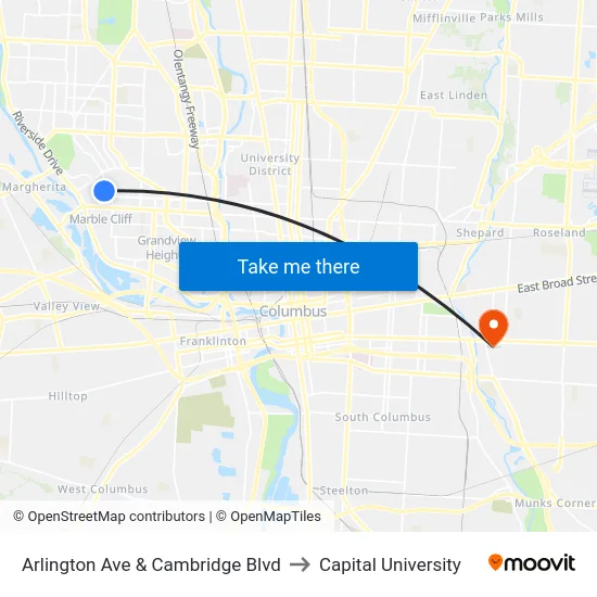 Arlington Ave & Cambridge Blvd to Capital University map