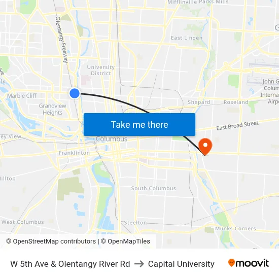 W 5th Ave & Olentangy River Rd to Capital University map