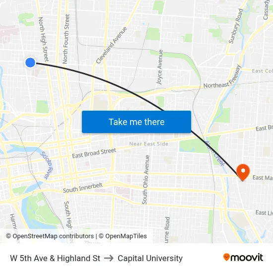 W 5th Ave & Highland St to Capital University map