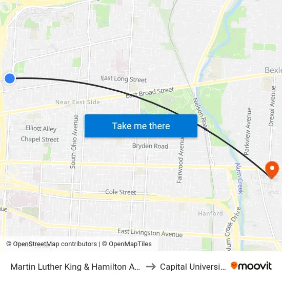 Martin Luther King & Hamilton Ave to Capital University map