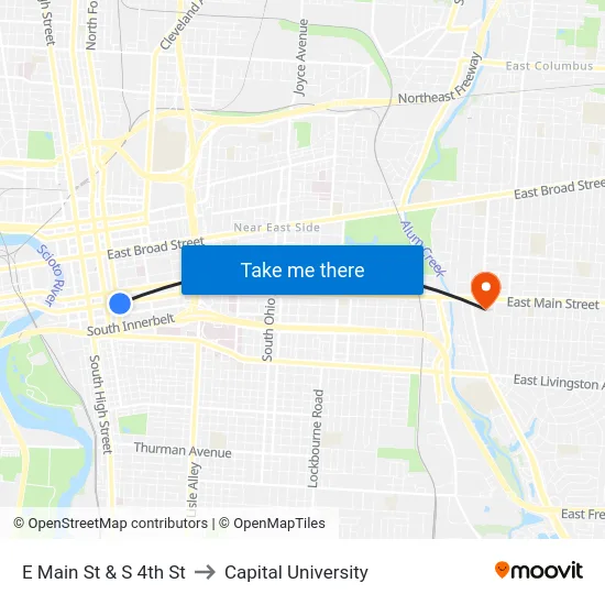 E Main St & S 4th St to Capital University map