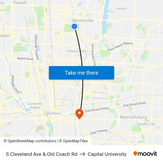 S Cleveland Ave & Old Coach Rd to Capital University map