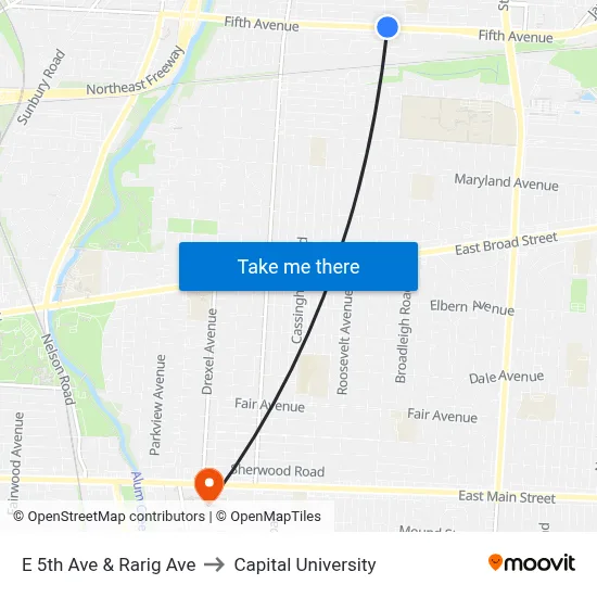 E 5th Ave & Rarig Ave to Capital University map