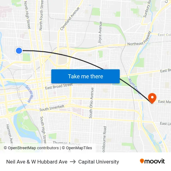 Neil Ave & W Hubbard Ave to Capital University map