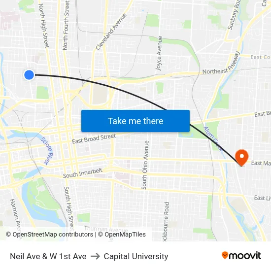 Neil Ave & W 1st Ave to Capital University map
