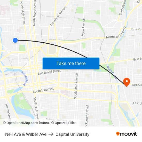 Neil Ave & Wilber Ave to Capital University map