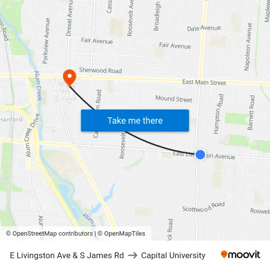 E Livingston Ave & S James Rd to Capital University map