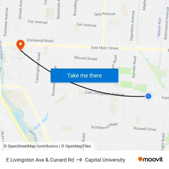 E Livingston Ave & Cunard Rd to Capital University map