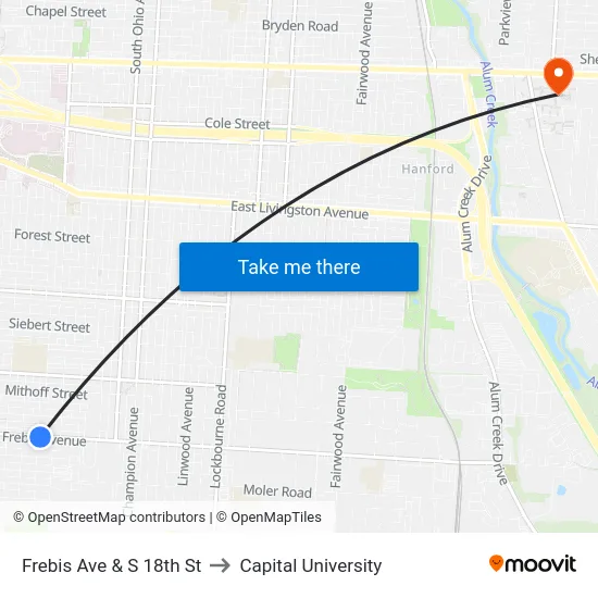 Frebis Ave & S 18th St to Capital University map
