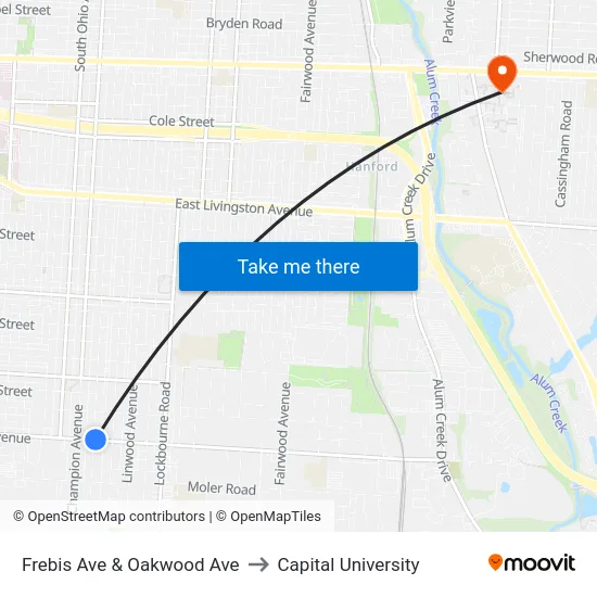 Frebis Ave & Oakwood Ave to Capital University map