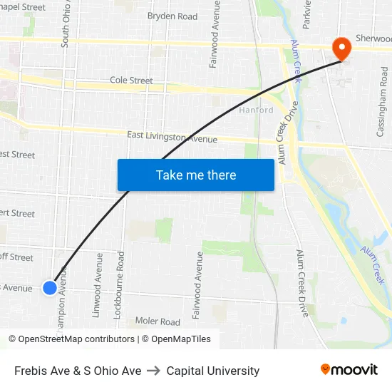 Frebis Ave & S Ohio Ave to Capital University map