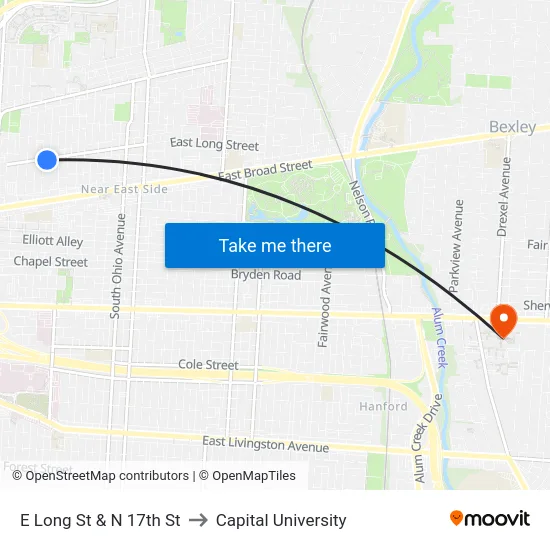 E Long St & N 17th St to Capital University map