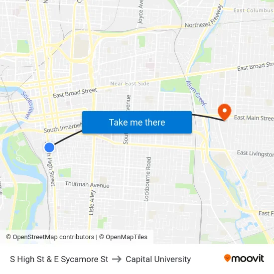 S High St & E Sycamore St to Capital University map