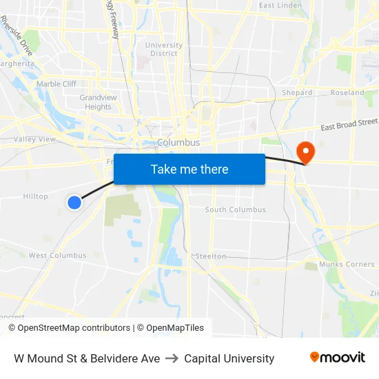 W Mound St & Belvidere Ave to Capital University map