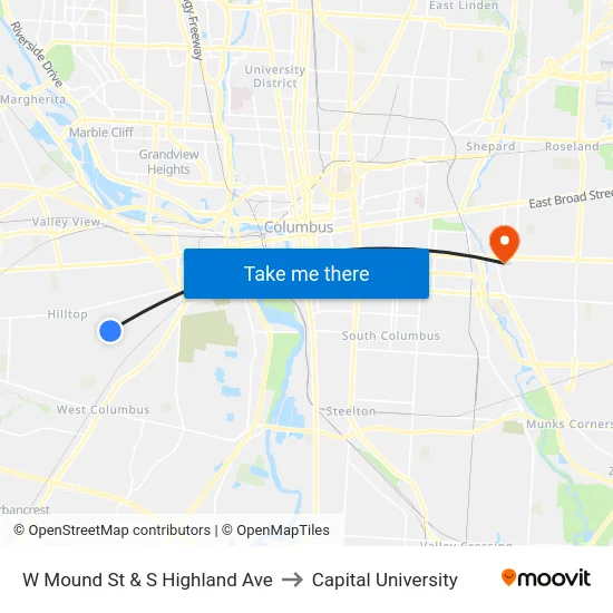 W Mound St & S Highland Ave to Capital University map
