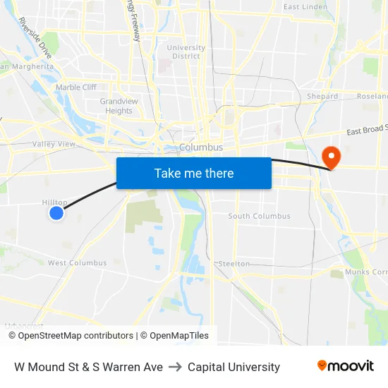 W Mound St & S Warren Ave to Capital University map