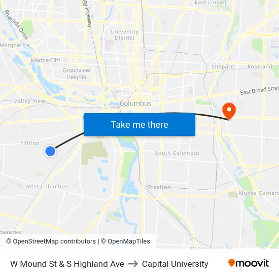 W Mound St & S Highland Ave to Capital University map