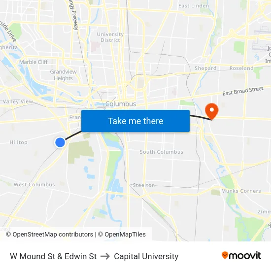 W Mound St & Edwin St to Capital University map