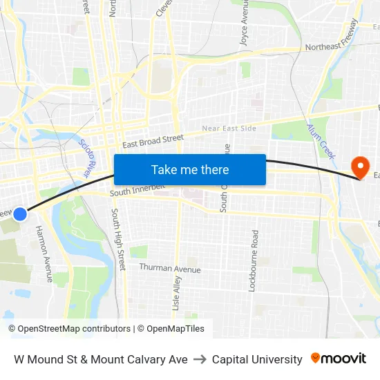 W Mound St & Mount Calvary Ave to Capital University map