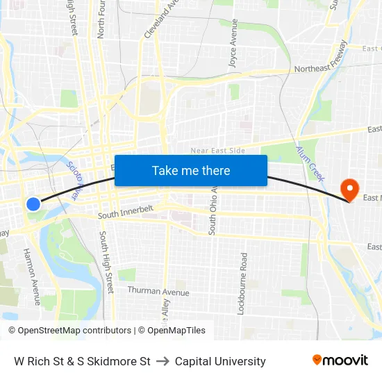 W Rich St & S Skidmore St to Capital University map