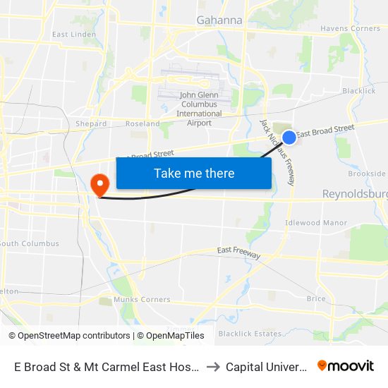 E Broad St & Mt Carmel East Hospital to Capital University map