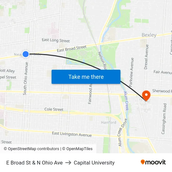 E Broad St & N Ohio Ave to Capital University map