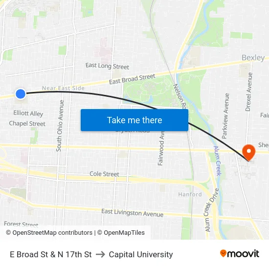 E Broad St & N 17th St to Capital University map