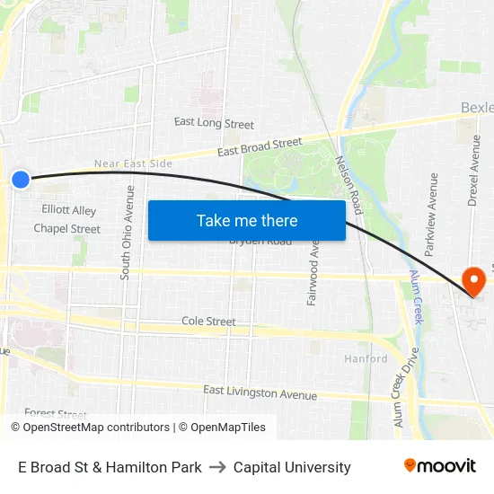 E Broad St & Hamilton Park to Capital University map