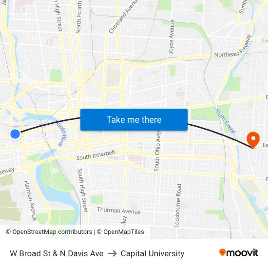 W Broad St & N Davis Ave to Capital University map