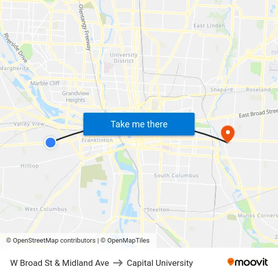 W Broad St & Midland Ave to Capital University map