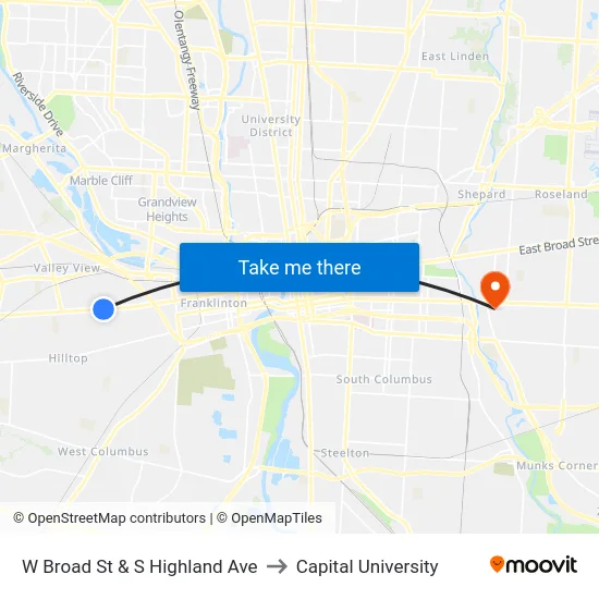 W Broad St & S Highland Ave to Capital University map