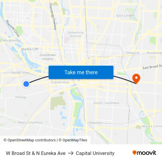 W Broad St & N Eureka Ave to Capital University map