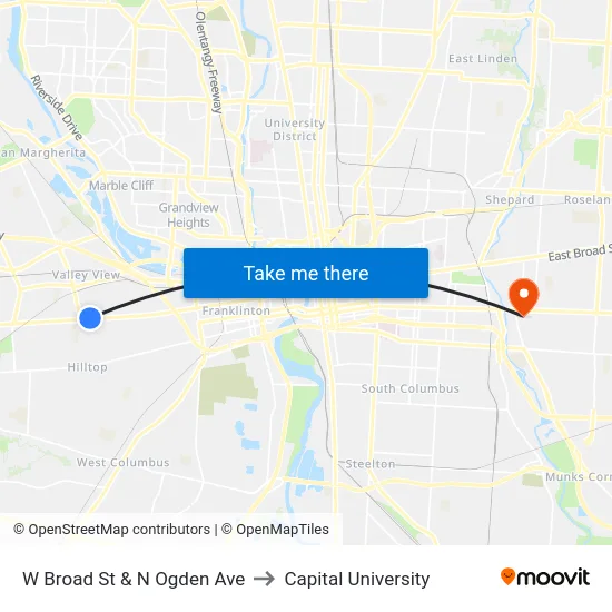 W Broad St & N Ogden Ave to Capital University map