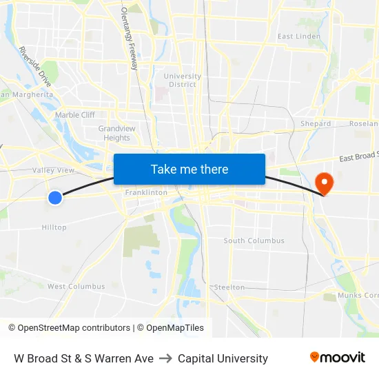 W Broad St & S Warren Ave to Capital University map