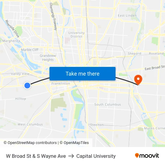 W Broad St & S Wayne Ave to Capital University map