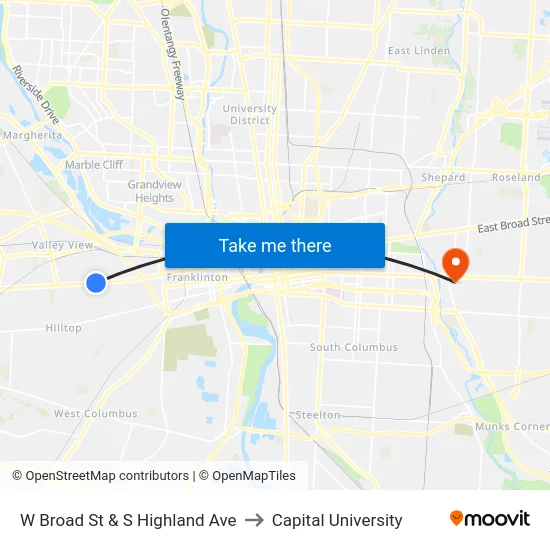 W Broad St & S Highland Ave to Capital University map