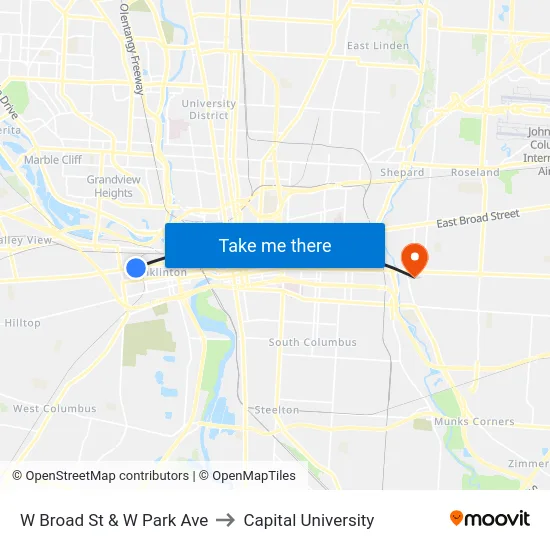 W Broad St & W Park Ave to Capital University map