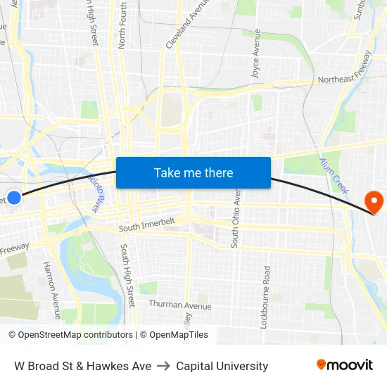W Broad St & Hawkes Ave to Capital University map