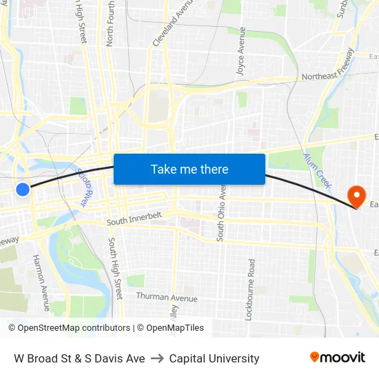 W Broad St & S Davis Ave to Capital University map