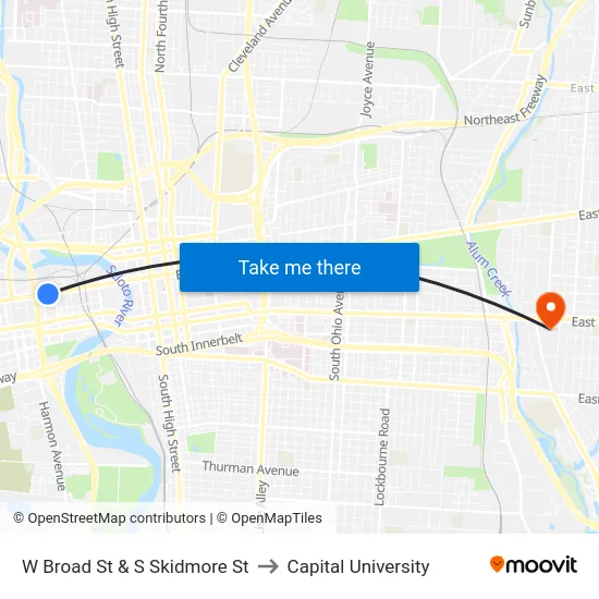 W Broad St & S Skidmore St to Capital University map