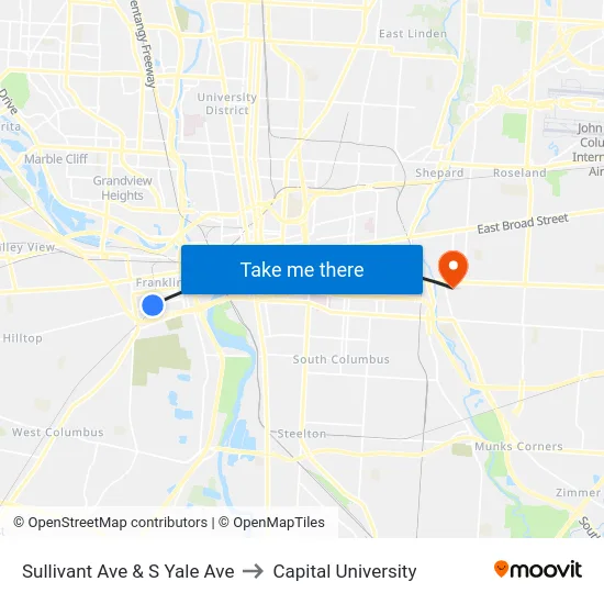 Sullivant Ave & S Yale Ave to Capital University map