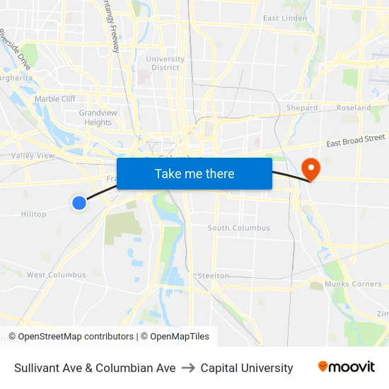 Sullivant Ave & Columbian Ave to Capital University map