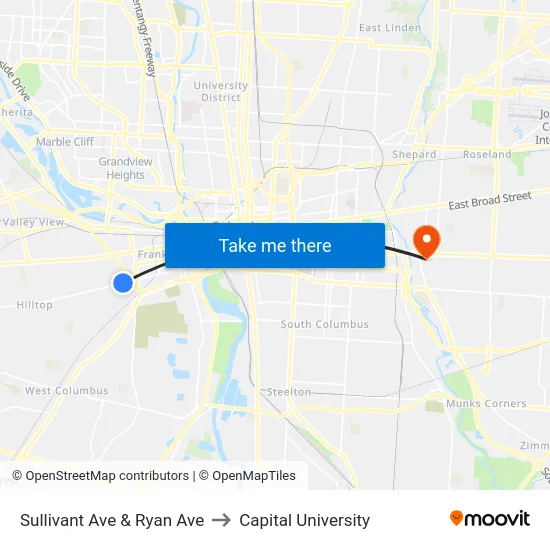 Sullivant Ave & Ryan Ave to Capital University map