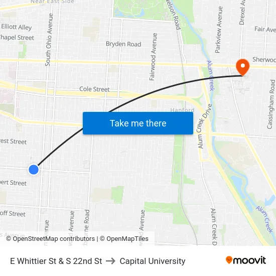 E Whittier St & S 22nd St to Capital University map