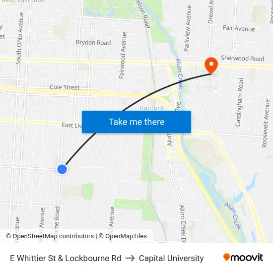 E Whittier St & Lockbourne Rd to Capital University map