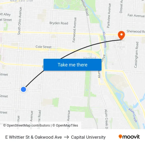 E Whittier St & Oakwood Ave to Capital University map