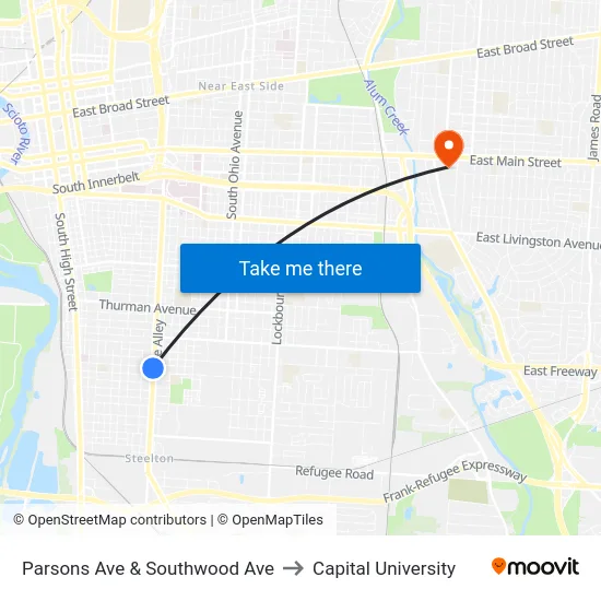 Parsons Ave & Southwood Ave to Capital University map