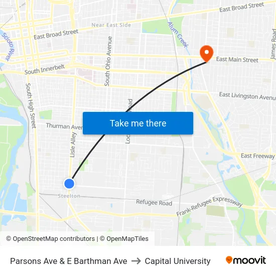 Parsons Ave & E Barthman Ave to Capital University map